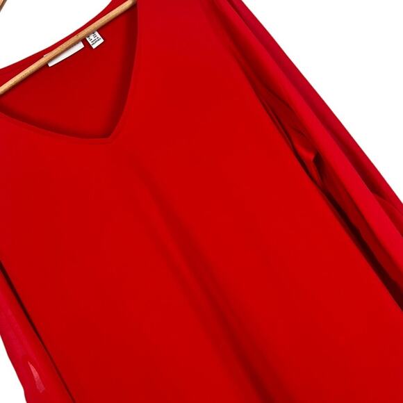 Susan Graver Women's 1X Red Sheer Sleeve Tie Detail V-Neck Tunic‎ Elegant Blouse - Picture 1 of 13
